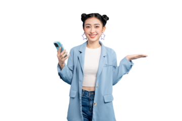portrait Asian Woman presenting something with a smile and a smartphone on PNG