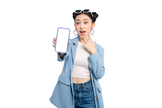 portrait Asian Woman astonished by smartphone features. A beautiful Asian woman holding and pointing at the screen on PNG