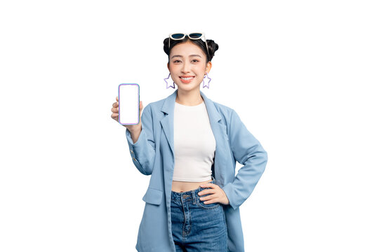 portrait Asian Woman holds up a smartphone with a blank screen, demonstrating modern technology. The woman is wearing stylish clothing and sunglasses