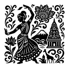 Indian Classical Dancer with Temple and Paisley — Bharatanatyam/Kathak Inspired Woodcut, Black & White Vector
