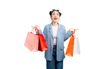 portrait Asian Woman  holding shopping bags, expressing happiness and delight on PNG
