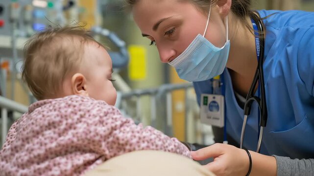 A nurse wearing mask caring for baby hospital pediatric healthcare, compassionate medical professional, stethoscope, child safety, clinic environm
