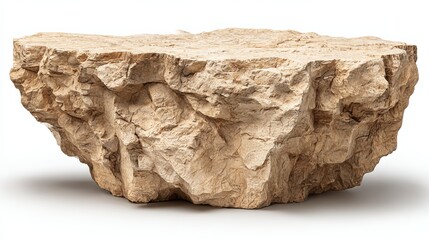 A beige rock podium, isolated on white, is perfect for product display or advertising.  Its cliff-like shape and textured surface create a dramatic presentation.  Clipping path included.
 