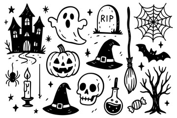 Halloween spooky doodle icons collection with haunted house, ghost, pumpkin, skull, spider, candle, tombstone, witch hat, bat, broom, potion, tree, stars, candy, web illustration set