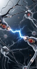 A detailed 3D illustration showcases interconnected nerve cells with a striking electrical impulse passing between them.