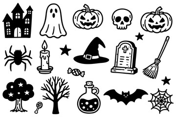 Halloween spooky doodle icons collection with haunted house, ghost, pumpkin, skull, spider, candle, tombstone, witch hat, bat, broom, potion, tree, stars, candy, web illustration set
