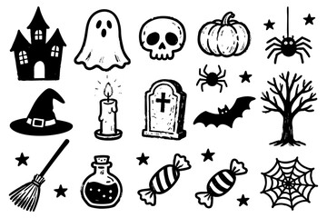 Halloween spooky doodle icons collection with haunted house, ghost, pumpkin, skull, spider, candle, tombstone, witch hat, bat, broom, potion, tree, stars, candy, web illustration set