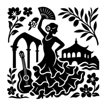 black flamenco dancer silhouette with fan clip art preview