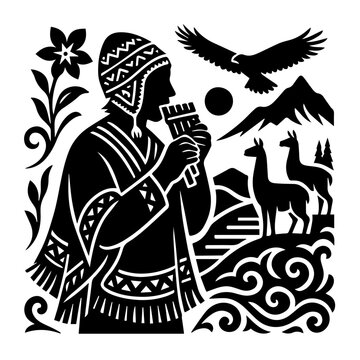 Andean Musician Playing Pan Flute &mdash; Mountains, Llamas and Condor, Ornamental Woodcut (Black & White Vector)