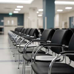 A row of black chairs with metal frames in a modern waiting area.