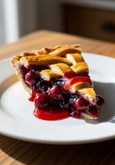 A close-up view of a delicious slice of cherry pie, showcasing the vibrant red cherry filling, golden crust, and drizzled glaze.