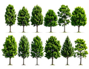 Two rows of diverse green trees, isolated on black