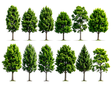 Two rows of diverse green trees, isolated on black