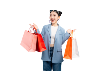 portrait Asian Woman  in casual wear joyfully displays the shopping bags on PNG
