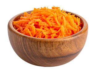 Wooden bowl filled with shredded carrots