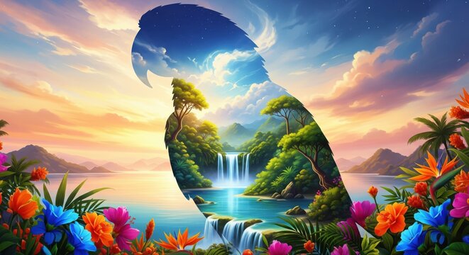 Parrot silhouette double exposure with a tropical waterfall island paradise - Powered by Adobe