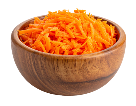 Wooden bowl filled with shredded carrots