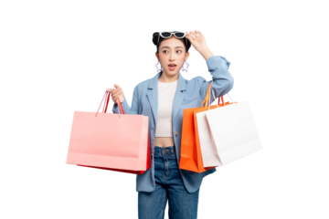 portrait Asian Woman  surprised with shopping bags on PNG