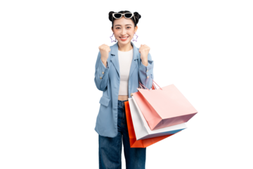 portrait Asian Woman  joyfully displays her shopping bags, expressing excitement and happiness on PNG