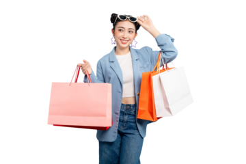 portrait Asian Woman  smiling brightly and holding shopping bags, exuding excitement for purchases made on PNG