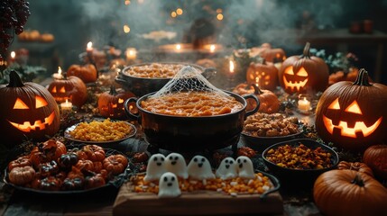 Halloween feast table laden with carved pumpkins food and spooky treats warm lighting and rich colors