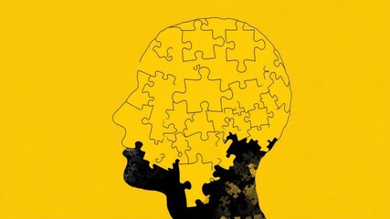 The animation shows a silhouette of a head filled with puzzle pieces, representing the intricate nature of mental health. The bright background emphasizes the thoughtful theme