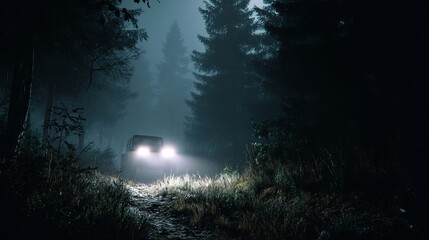 Off road vehicle navigates dark misty forest path with powerful headlights illuminating the way ahead for adventure