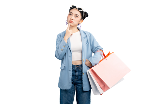 portrait Asian Woman  thoughtfully pondering a shopping dilemma with bags in hand PNG