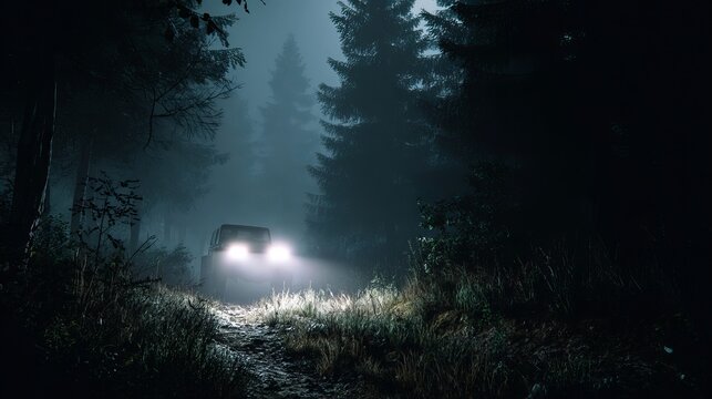 Fototapeta Off road vehicle navigates dark misty forest path with powerful headlights illuminating the way ahead for adventure