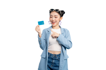  portrait Asian Woman holding a business credit card