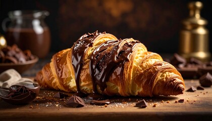 A close-up view showcases a golden croissant, generously drizzled with dark chocolate, on a wooden surface. Chocolate pieces and vessels add depth