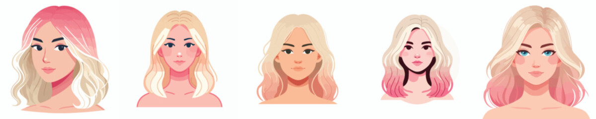 Vector Avatar of a woman's face with ombre blonde to pink hair, light skin, relaxed expression
