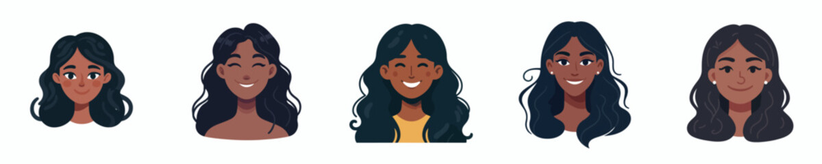 Vector Avatar of a woman's face with long wavy hair, dark skin, happy expression