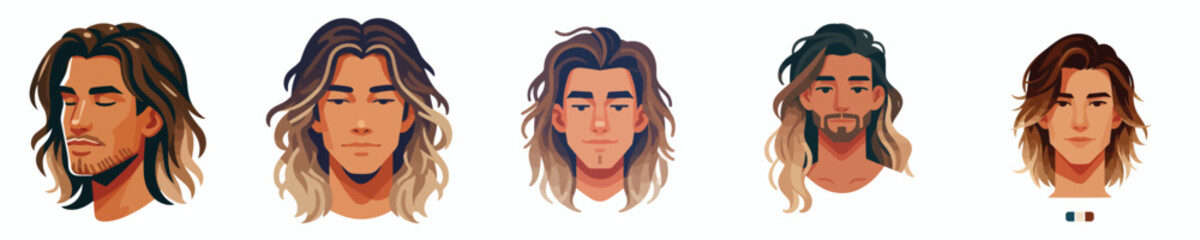 Vector avatar of a man's face with long ombre hair, tanned skin, relaxed expression