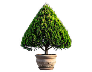 Green, conical tree in a terracotta pot