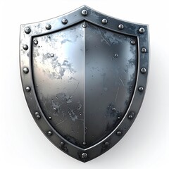 A weathered, metallic shield with a central seam, rivets around its edge, and a slightly curved shape, set against a stark white backdrop