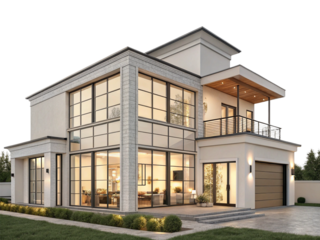 Modern two-story glass house isolated on transparent background.