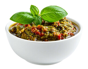 Pesto sauce in white bowl, topped with basil leaves