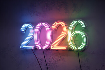 Vibrant neon numbers 2026 glow with electric energy on a textured wall, symbolizing future, celebration, and modern design.