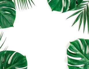 Tropical leaves frame on white