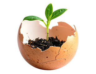 Small sprout in cracked egg shell filled with soil