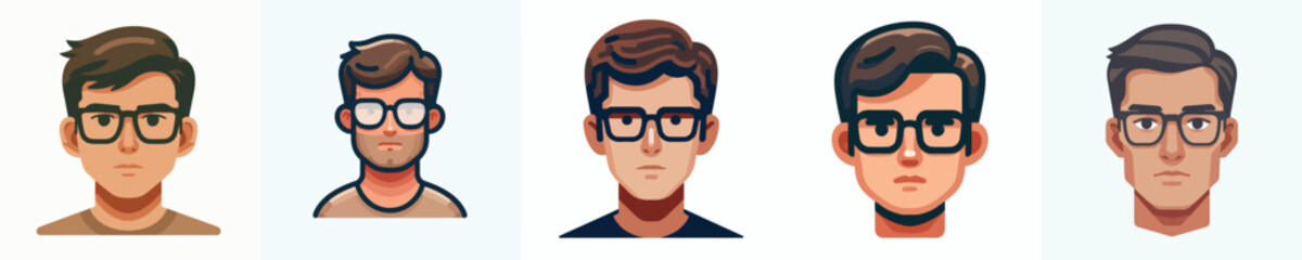 Vector Avatar of a man's face wearing square glasses, side-parted hair, white skin, neutral expression