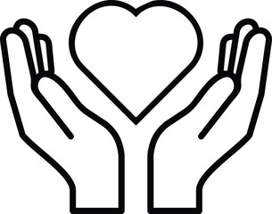 Hands holding a heart icon, a black and white line art vector symbol for love, care, protection, or charity