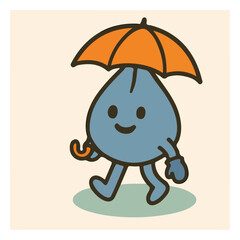 Raindrop Mascot Holding Umbrella — Rainy Day Weather Icon, Friendly Kawaii Vector