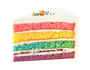 Colorful rainbow layer cake slice