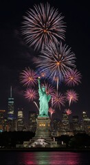 Obraz premium The New York City skyline with the Statue of Liberty in the foreground, surrounded by vibrant fireworks in the sky