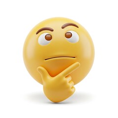 Fototapeta premium A three-dimensional, yellow emoticon thoughtfully considering something, with a hand placed on the chin and a gaze directed to the viewer.