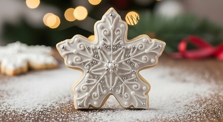 Ornate snowflake-shaped iced cookie sits on a wooden surface dusted with powdered sugar, showcasing intricate details and a festive holiday feel.