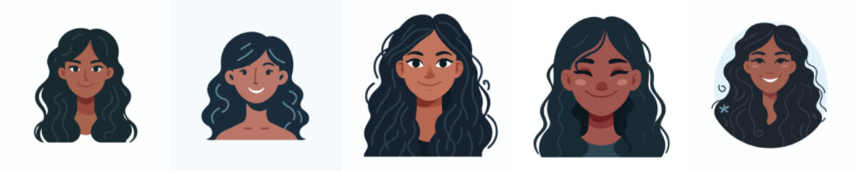 Vector Avatar of a woman's face with long wavy hair, dark skin, happy expression