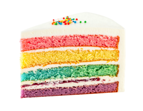 Colorful rainbow layer cake slice